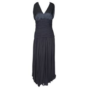 100% Silk Vintage Black Beaded Halter Dress Magali Evening Gown Drop Waist Deco